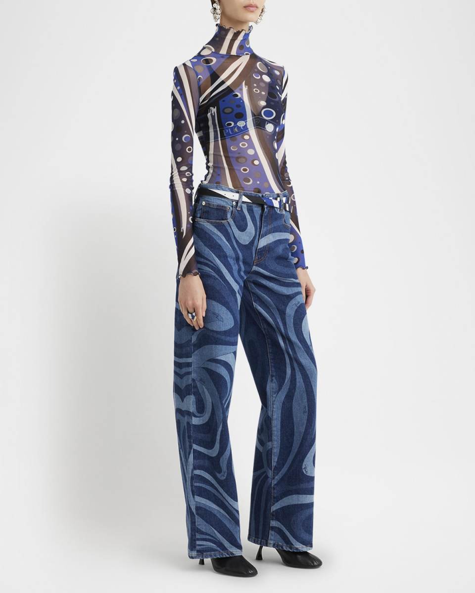 Turtleneck Printed Mesh Long-Sleeve T-Shirt